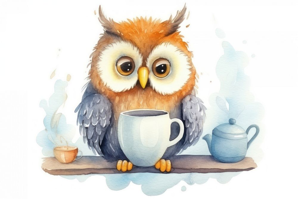 Owl drinking coffee painting animal bird. AI generated Image by rawpixel.