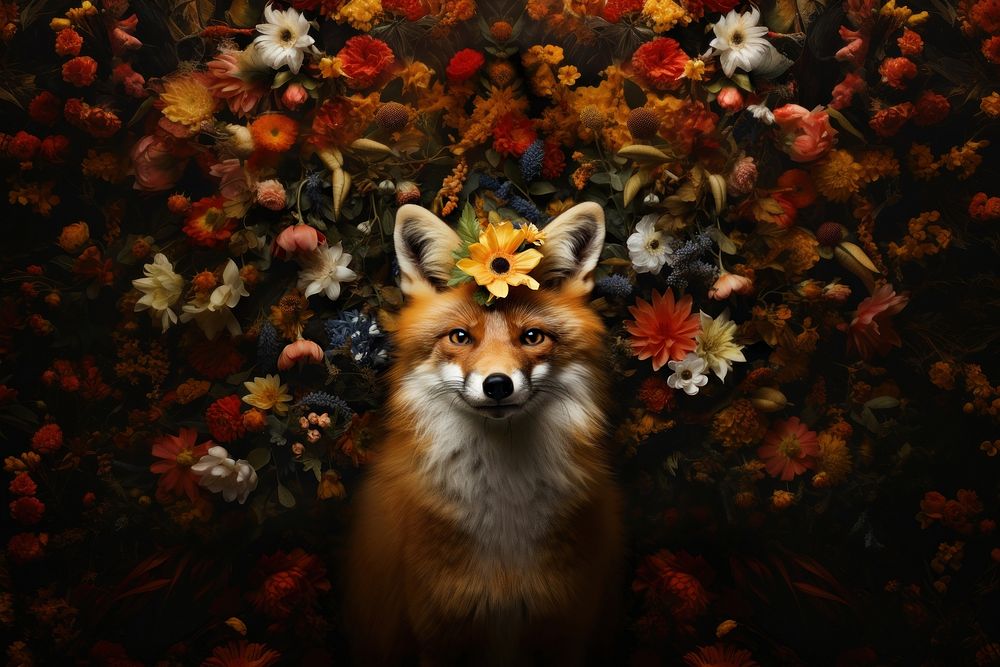 Fox wearing a flower crown animal wildlife portrait. AI generated Image by rawpixel.
