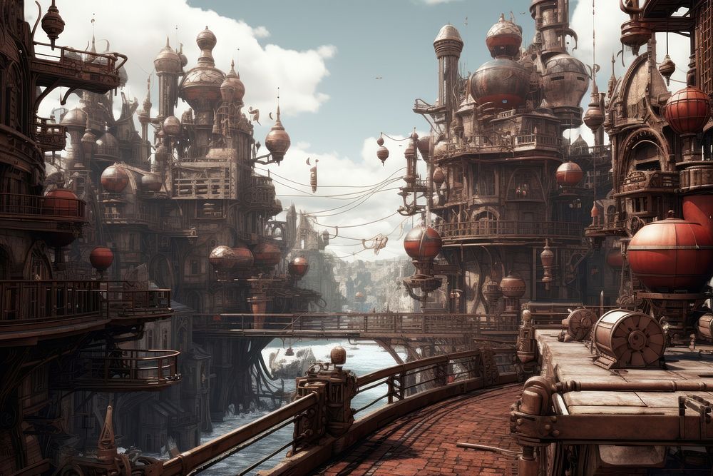 Steampunk city architecture building screenshot. AI generated Image by rawpixel.