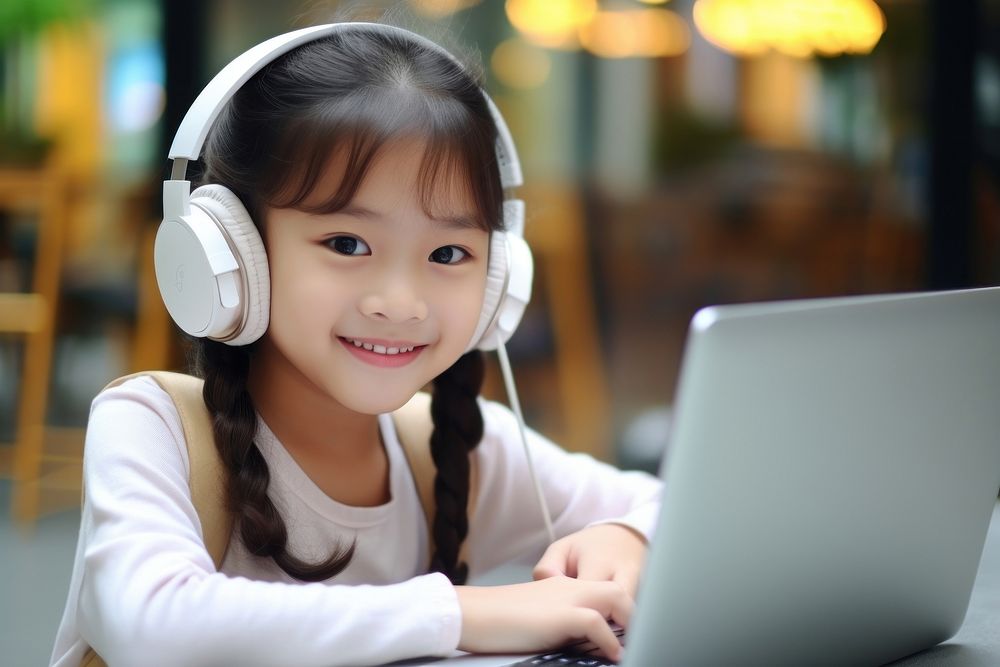Asian girl student online learning headphones computer laptop. AI generated Image by rawpixel.