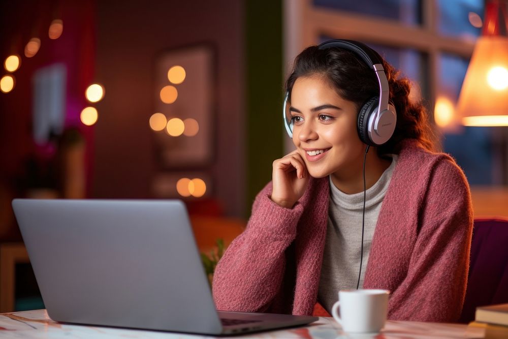 Latin young woman school college student wear headphones learn laptop computer headset. AI generated Image by rawpixel.