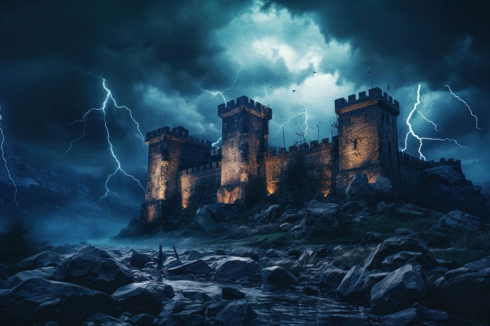 Medieval castle lightning storm thunderstorm. 
