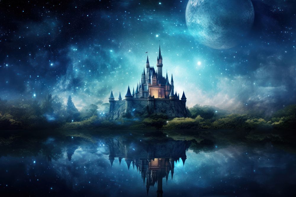 Fairy sky castle night architecture landscape. AI generated Image by rawpixel.