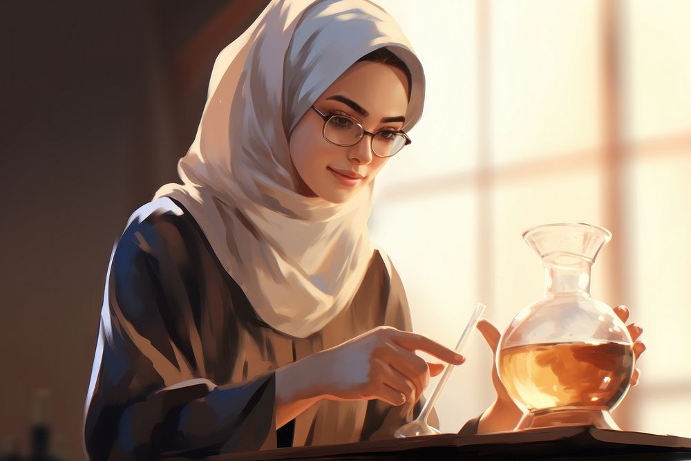 Muslim woman chemistry student hijab adult refreshment. AI generated Image by rawpixel.