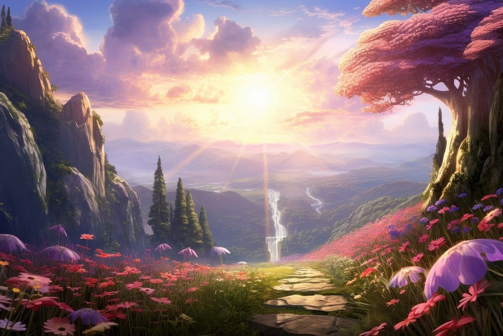 Fantasy world flower landscape sunlight. AI generated Image by rawpixel.