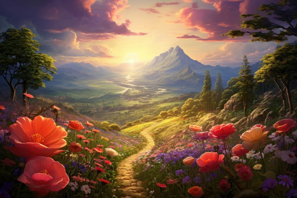 Fantasy world flower field landscape. AI generated Image by rawpixel.