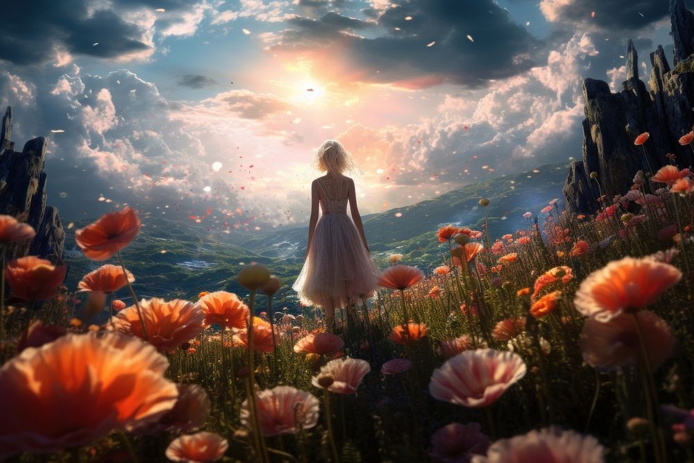 Fantasy world flower landscape sunlight. AI generated Image by rawpixel.