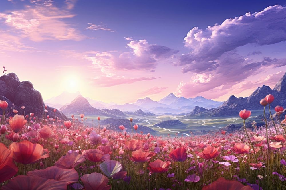 Fantasy world flower landscape panoramic. AI generated Image by rawpixel.