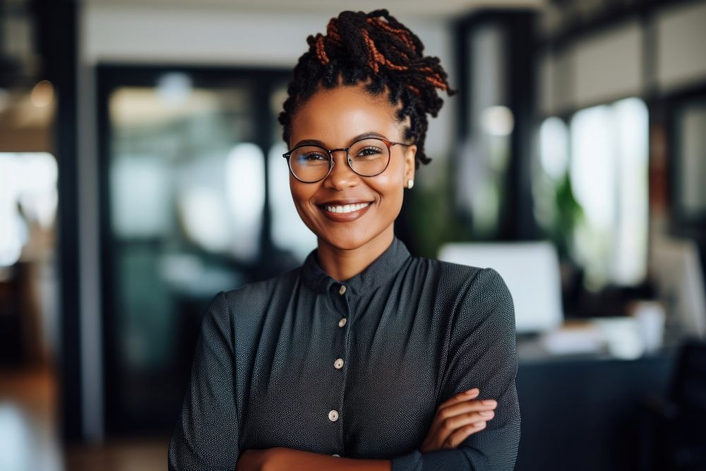 Black woman smiling crossing arms hairstyle adult smile. AI generated Image by rawpixel.
