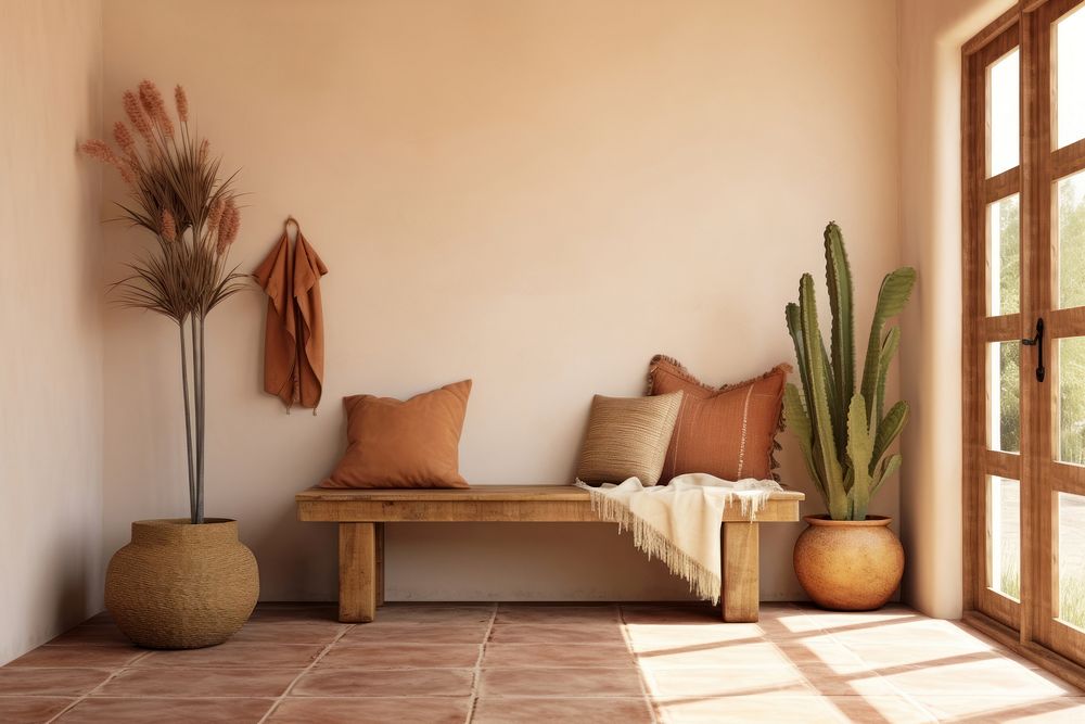 Bohemian entryway home architecture terracotta furniture. 