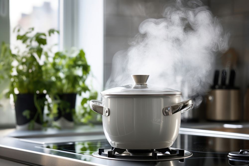 Saucepan on stove in kitchen. 