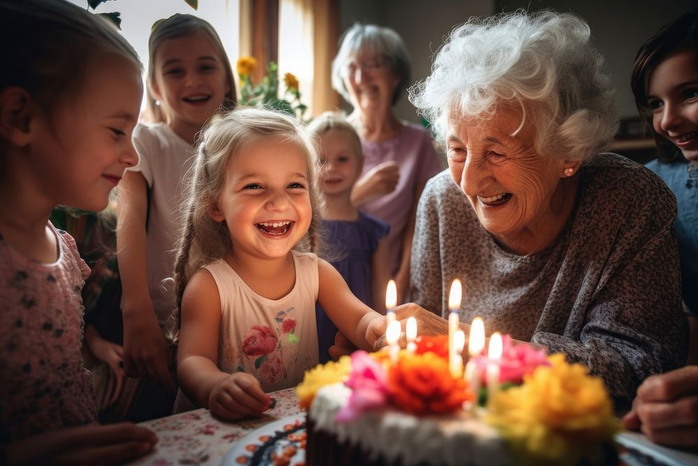 Granddaughter feeding grandma cake party dessert smiling. AI generated Image by rawpixel.