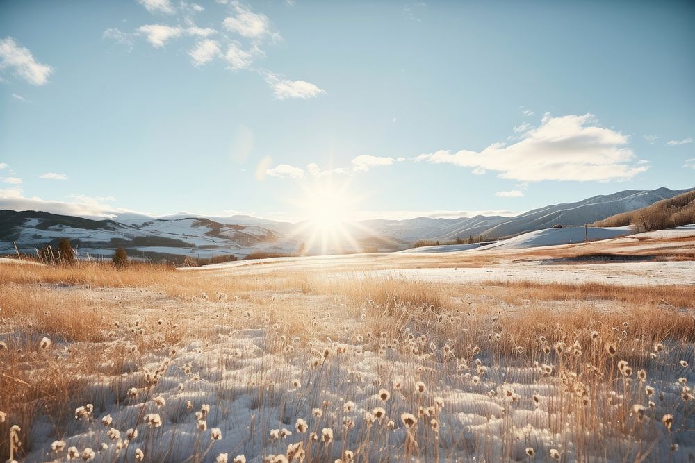 Daytime winter meadow hills landscape outdoors nature. AI generated Image by rawpixel.