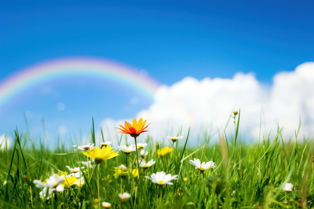 Rainbow meadow landscape grassland. AI generated Image by rawpixel.