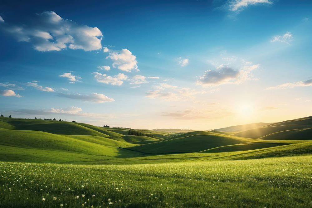 Daytime sunset spring hills landscape grassland outdoors. AI generated Image by rawpixel.