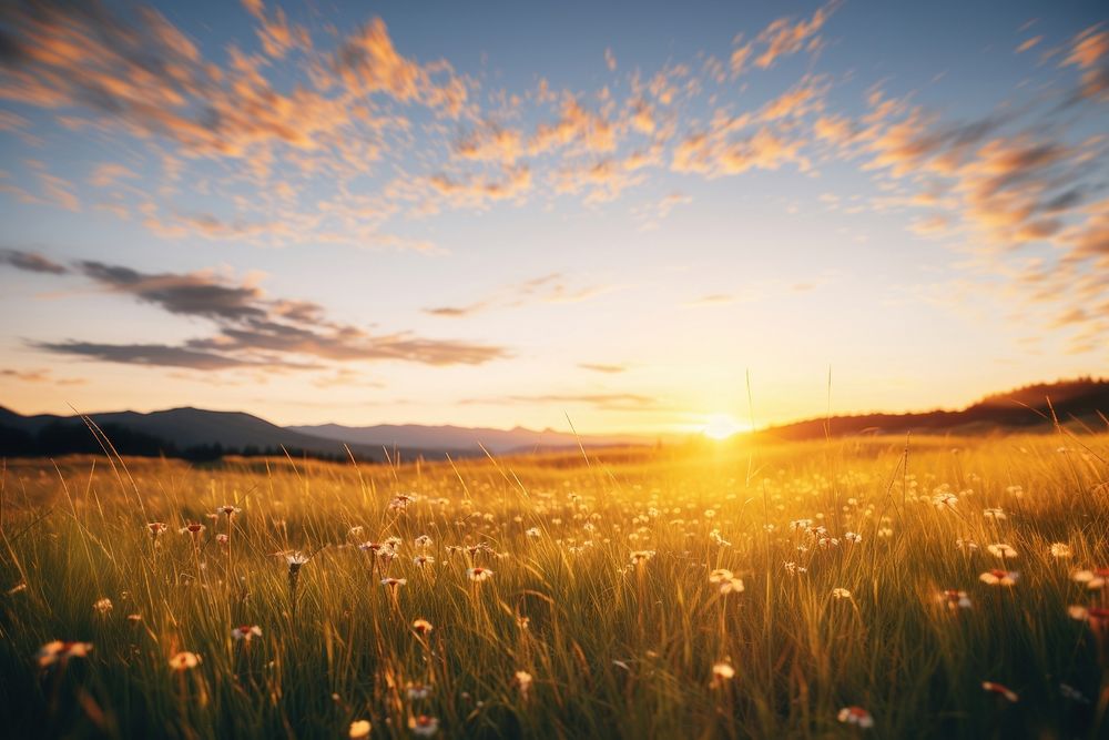 Sunset meadow landscape grassland sunlight. AI generated Image by rawpixel.