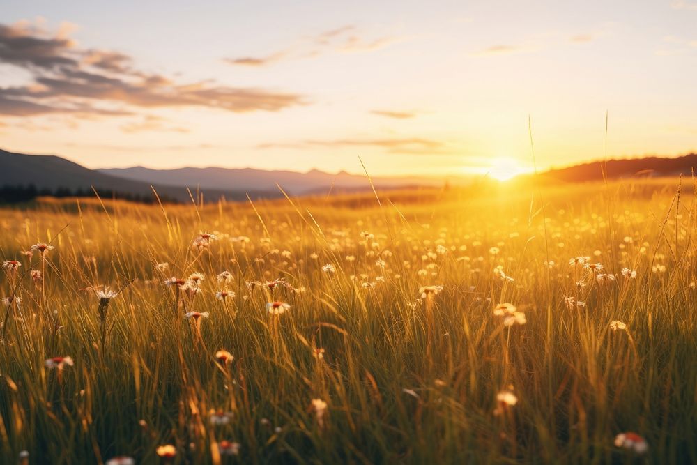 Sunset meadow landscape grassland sunlight. AI generated Image by rawpixel.