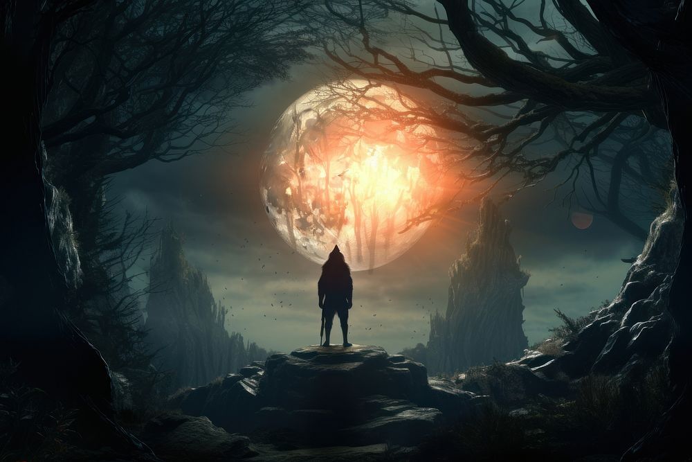 Wolf moon outdoors fantasy. AI generated Image by rawpixel.