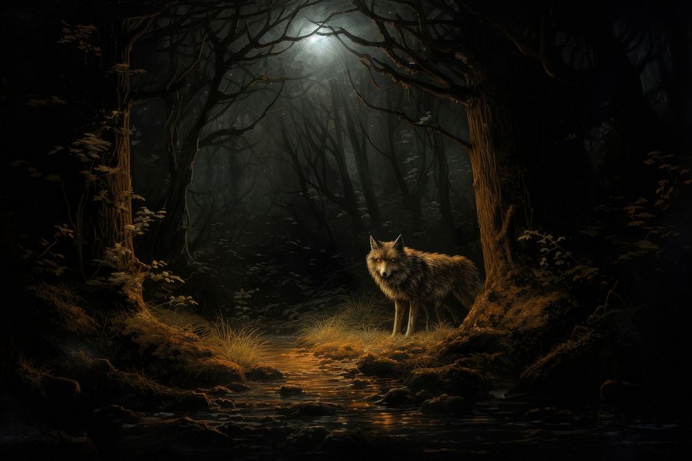 Wolf night outdoors fantasy. AI generated Image by rawpixel.