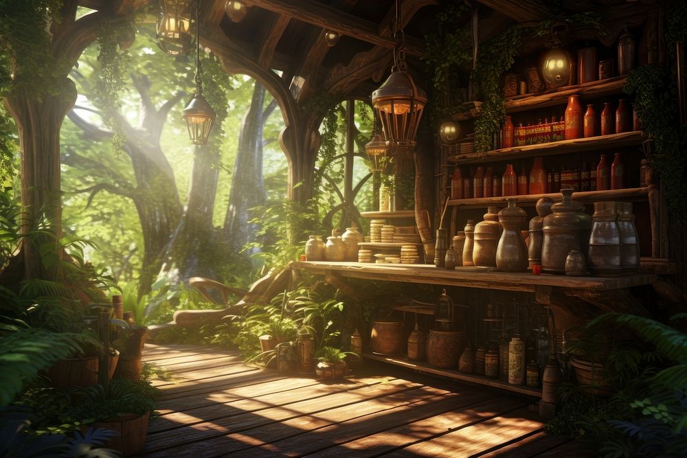 Cozy potion shop background forest architecture building. AI generated Image by rawpixel.