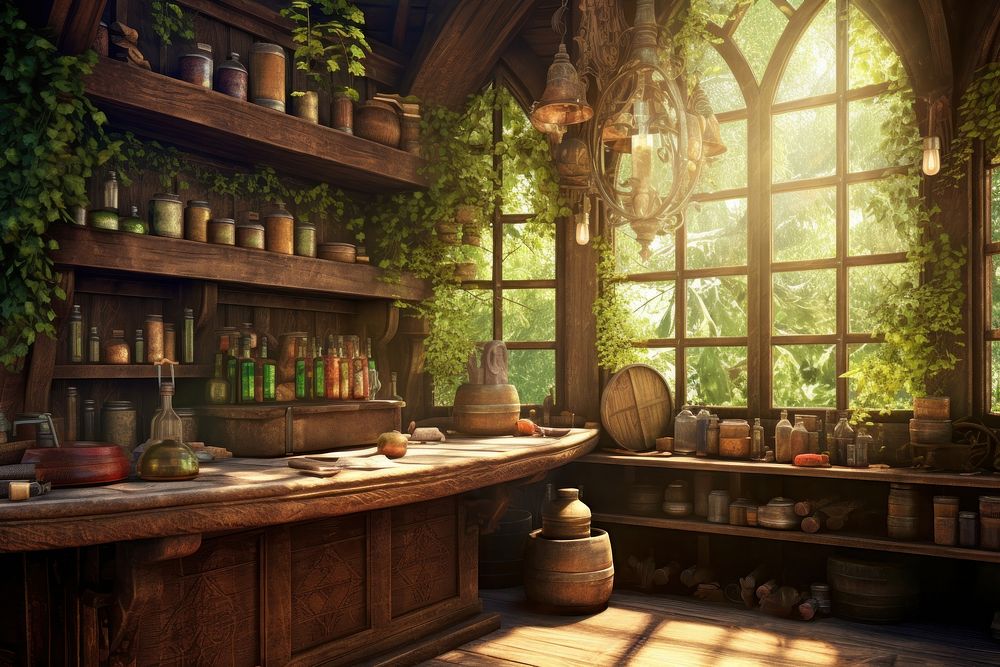 Cozy potion shop background wood plant architecture. AI generated Image by rawpixel.