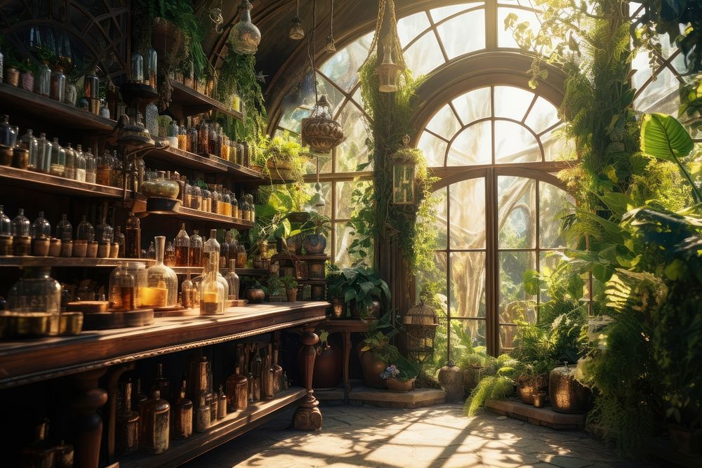 Botanical potion shop ground background nature garden plant. AI generated Image by rawpixel.