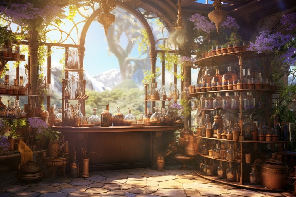 Botanical potion shop ground background architecture building nature. AI generated Image by rawpixel.