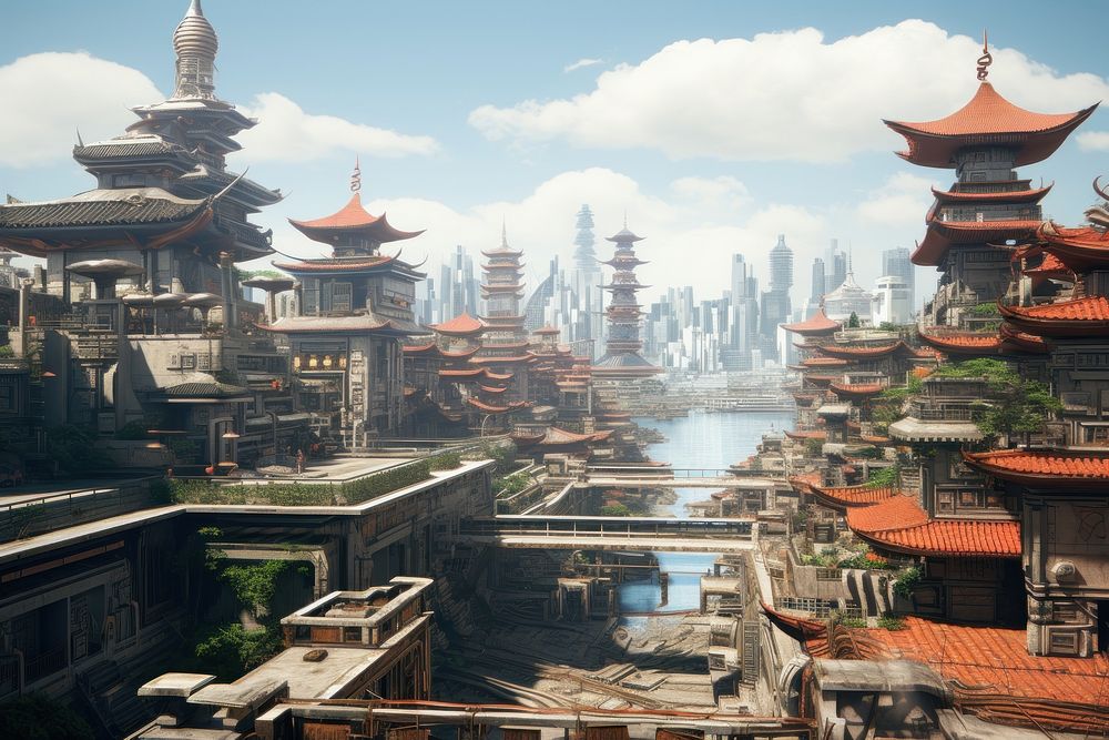 Futuristic oriental city background cityscape architecture building. AI generated Image by rawpixel.