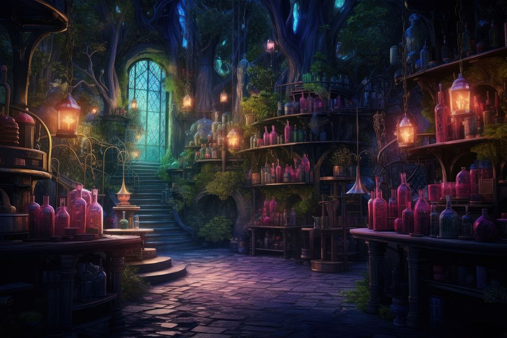 Potion shop background architecture building light. AI generated Image by rawpixel.
