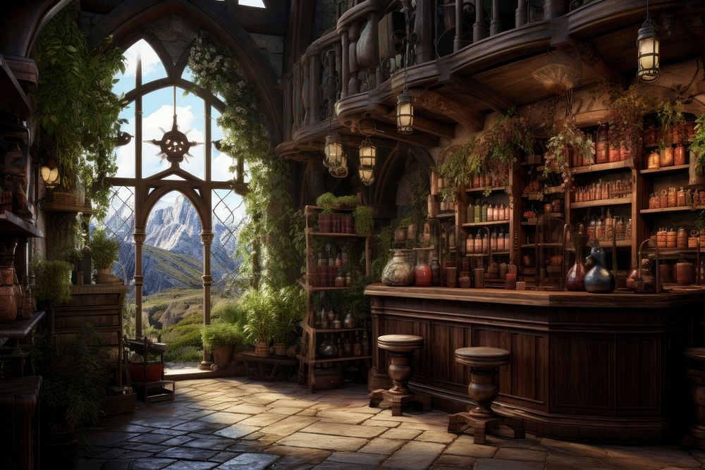 Potion shop background plant architecture publication. AI generated Image by rawpixel.