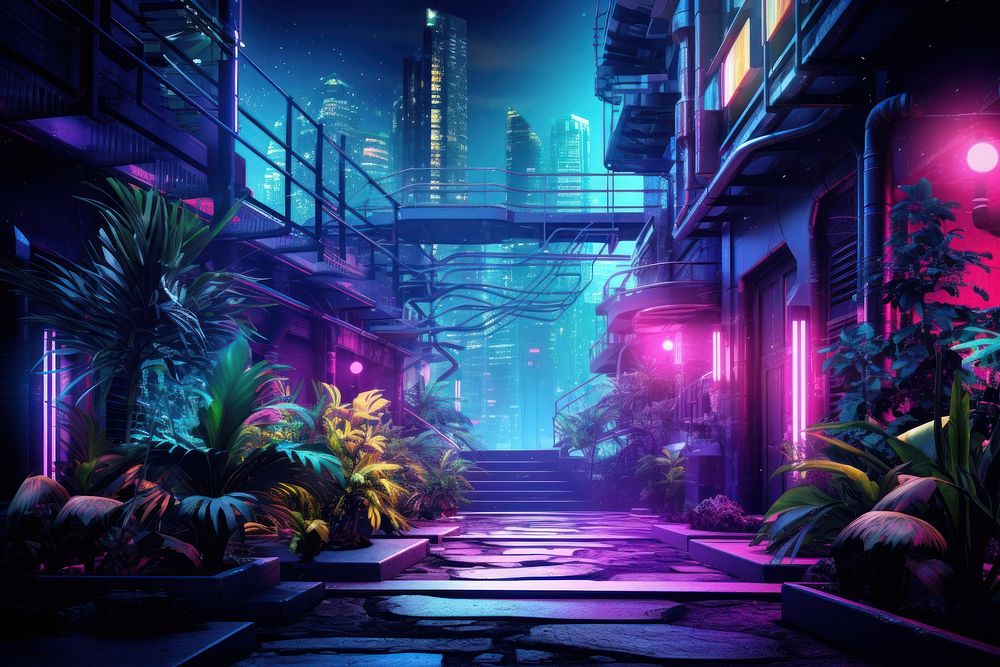 Neon underground city background street night plant. AI generated Image by rawpixel.
