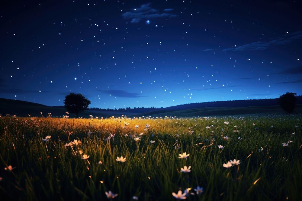 Nighttime meadow landscape grassland outdoors. AI generated Image by rawpixel.