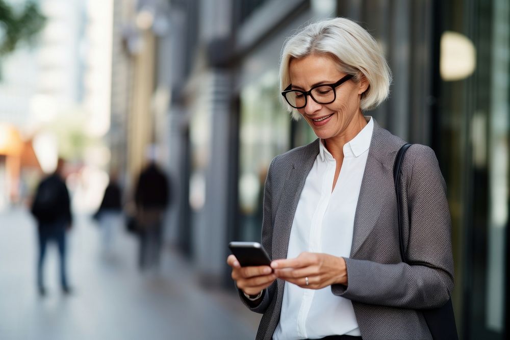 Senior business woman using smartphone adult architecture portability. 