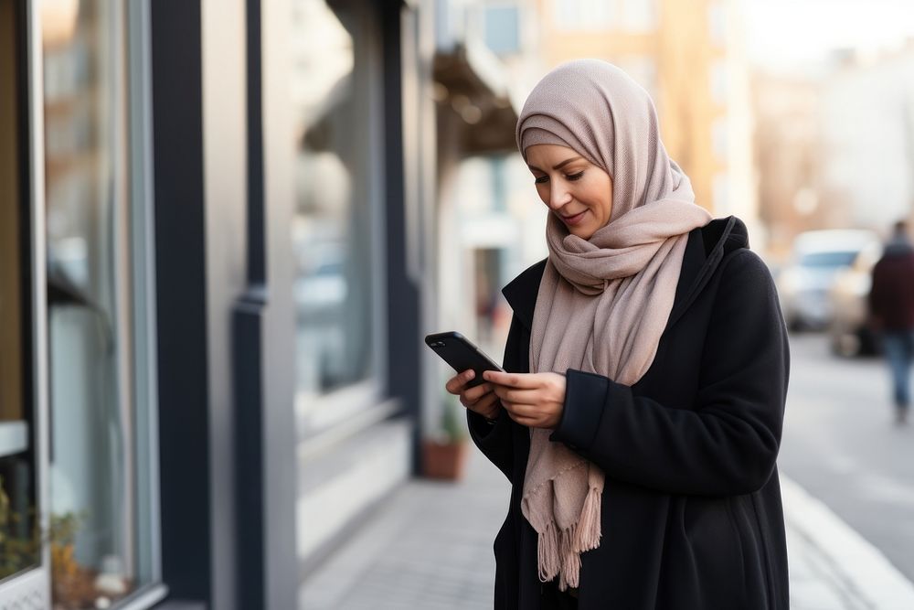 Senior woman wearing hijab using smartphone scarf architecture portability. 