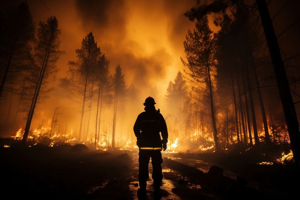 Firefighter forest fire silhouette night.