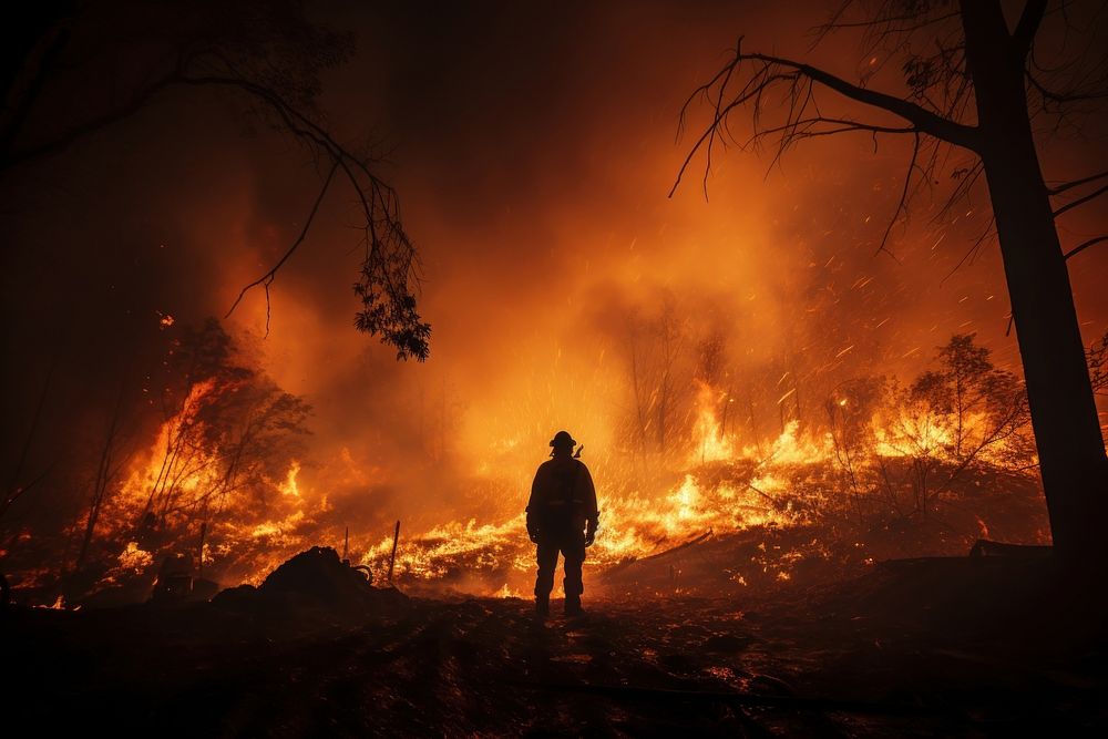 Firefighter in forest fire photo. .