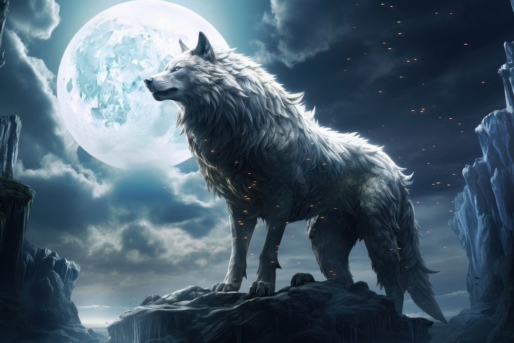 Wolf moon outdoors fantasy. AI generated Image by rawpixel.