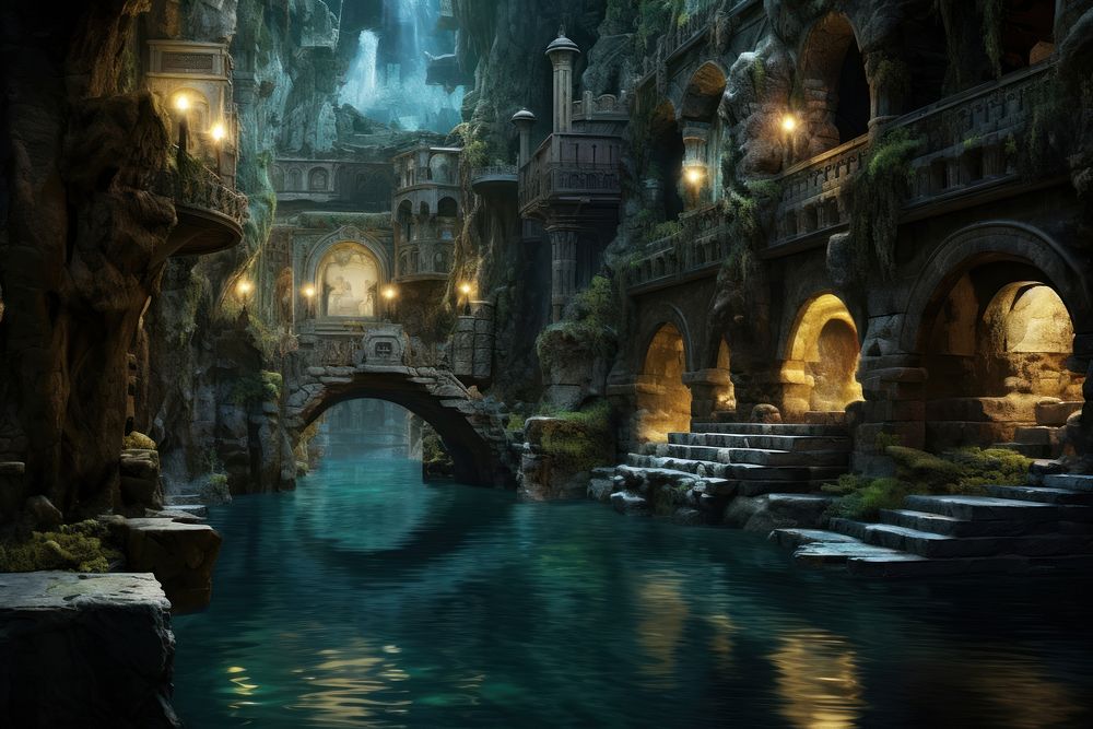 Underground city background water architecture illuminated. AI generated Image by rawpixel.