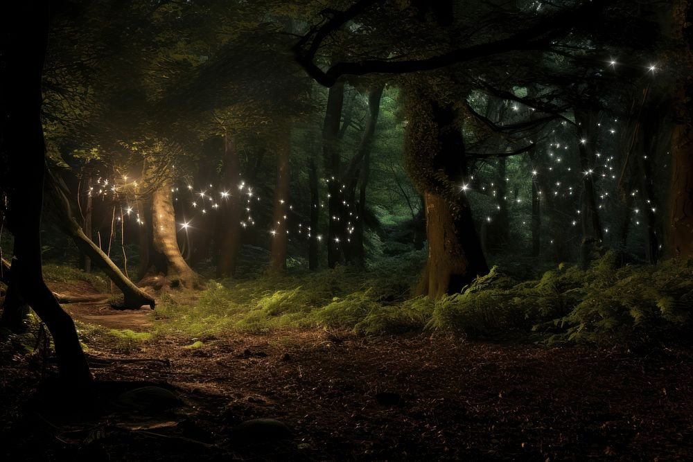 Night woodland outdoors lighting. AI generated Image by rawpixel.