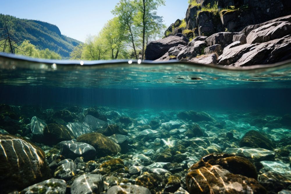 Riverbed underwater rock landscape. AI generated Image by rawpixel.