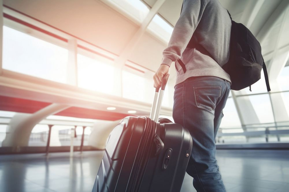 Tourist draging luggage suitcase airport adult. AI generated Image by rawpixel.