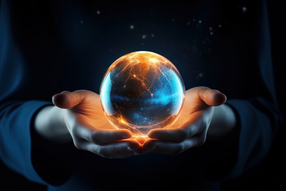 Glowing crystal ball universe glowing holding. AI generated Image by rawpixel.