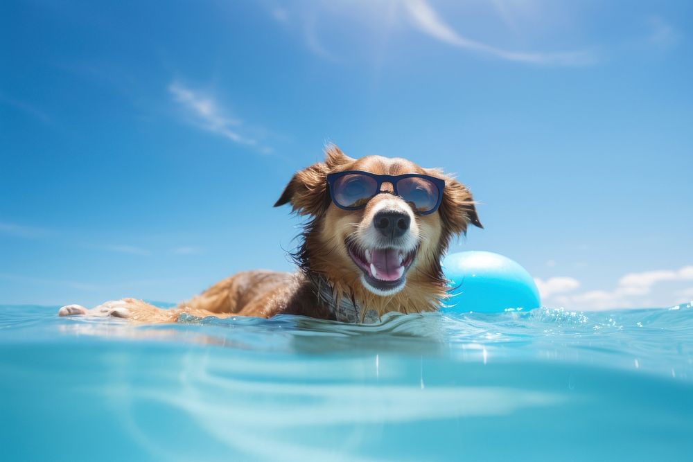 Summer dog sunglasses swimming. AI generated Image by rawpixel.