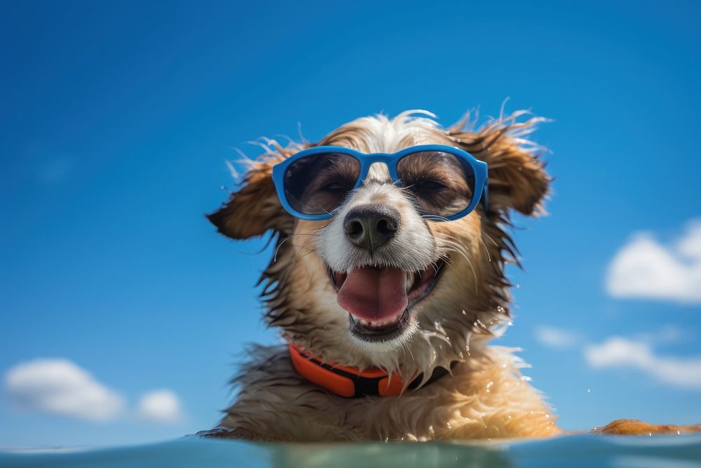 Sunglasses summer dog swimming. AI generated Image by rawpixel.