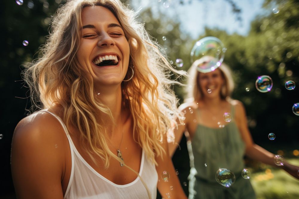 Laughing blowing bubble summer. AI generated Image by rawpixel.