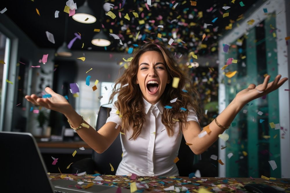 Business woman having fun time confetti party adult. AI generated Image by rawpixel.