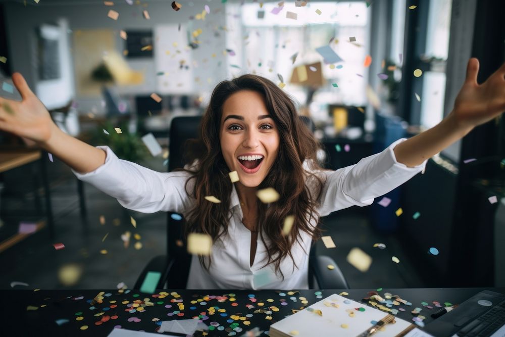 Business woman having fun time confetti party happy. AI generated Image by rawpixel.