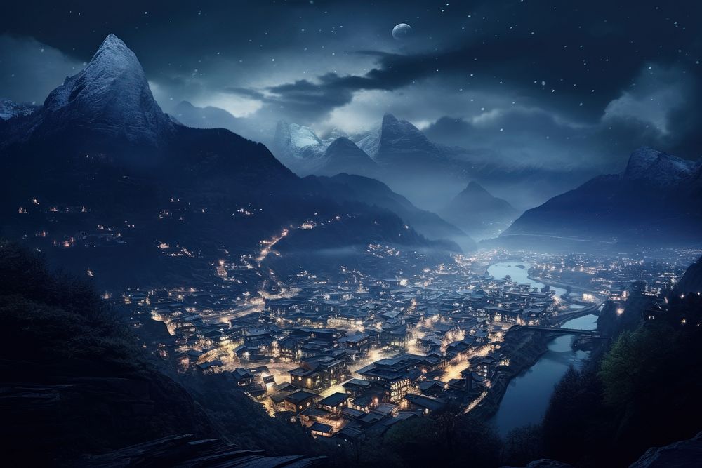 Mountain landscape mountain night architecture. AI generated Image by rawpixel.