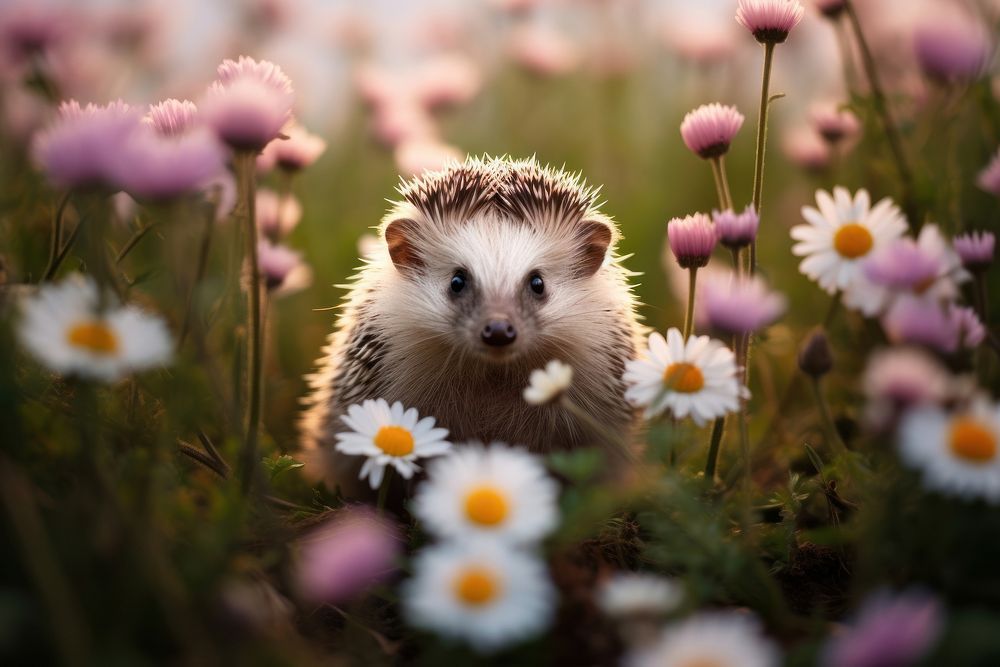 Cute hedgehog outdoors flower animal. 