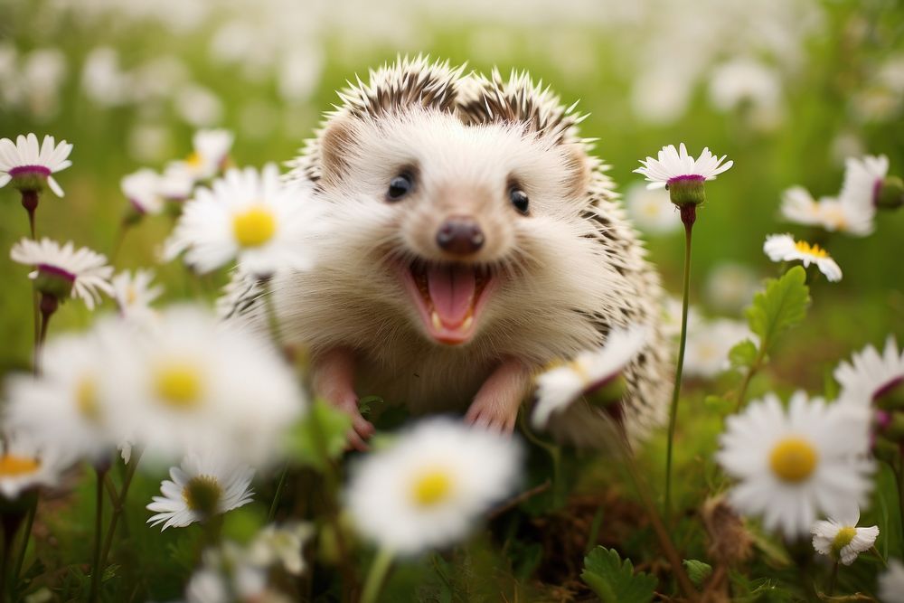 Cute hedgehog outdoors flower animal. 